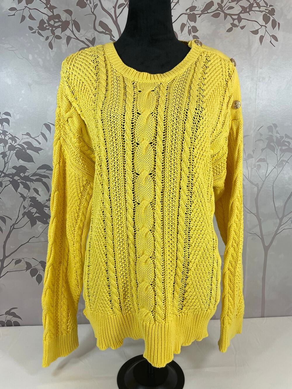 Lauren Ralph Lauren Yellow Cable Knit Gold Button Sweater 3X Plus Size Preppy